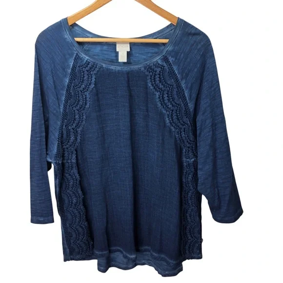 Chico's Sz 3 XL Blouse Top Blue Boho Peasant Pullover Embroidered Cotton Blend - Picture 2 of 7